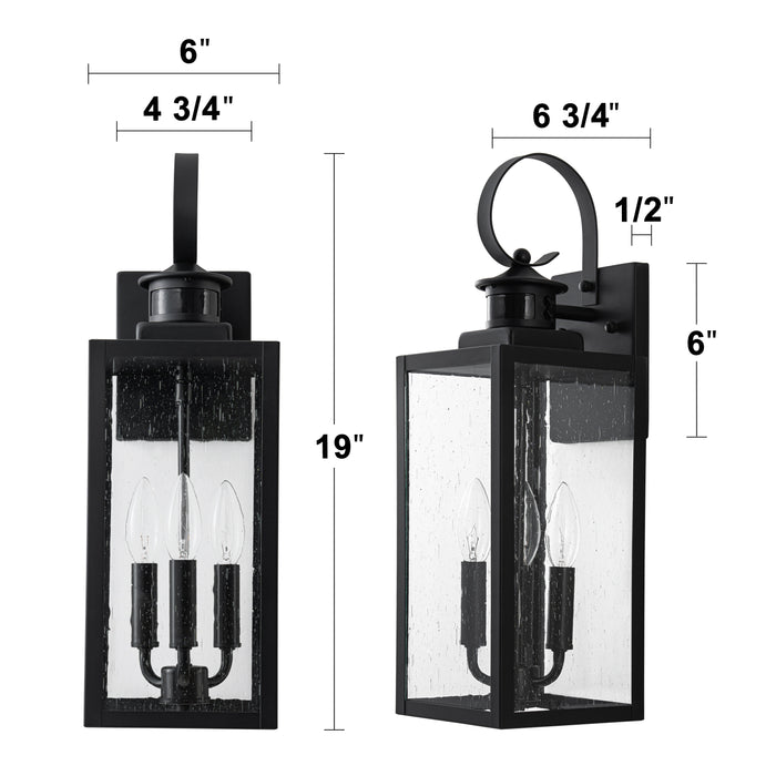 19in. 3-Light Motion Sensor & Dusk to Dawn Outdoor Wall Lantern with Seeded Glass and E12 Base Socket