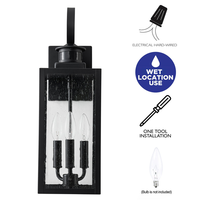 19in. 3-Light Motion Sensor & Dusk to Dawn Outdoor Wall Lantern with Seeded Glass and E12 Base Socket