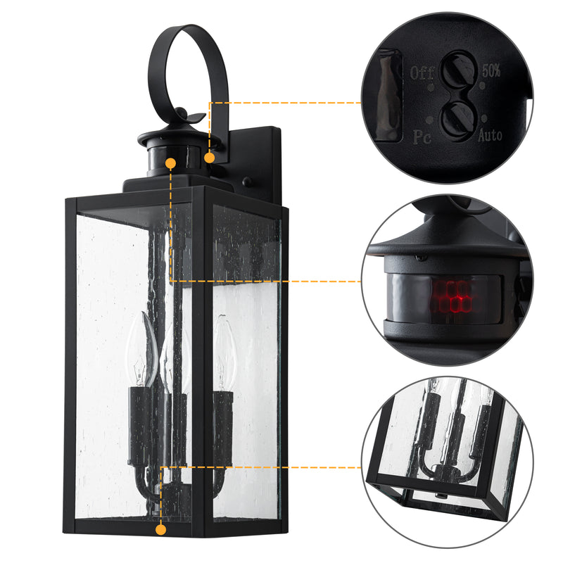 19in. 3-Light Motion Sensor & Dusk to Dawn Outdoor Wall Lantern with Seeded Glass and E12 Base Socket