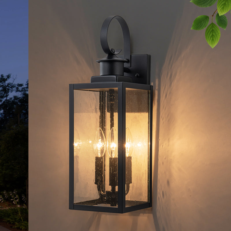 19in. 3-Light Matt Black Outdoor Wall Lantern with Seeded Glass and E12 Base Socket