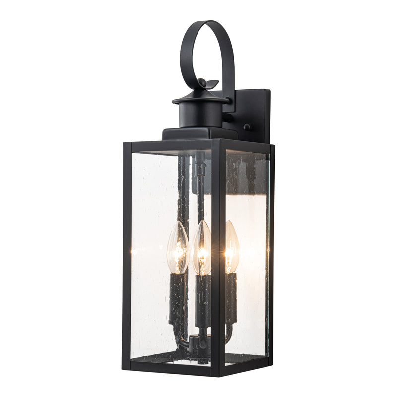 19in. 3-Light Matt Black Outdoor Wall Lantern with Seeded Glass and E12 Base Socket