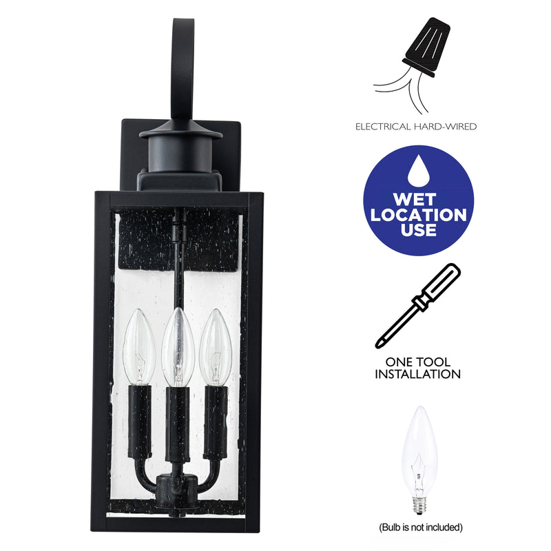 19in. 3-Light Matt Black Outdoor Wall Lantern with Seeded Glass and E12 Base Socket