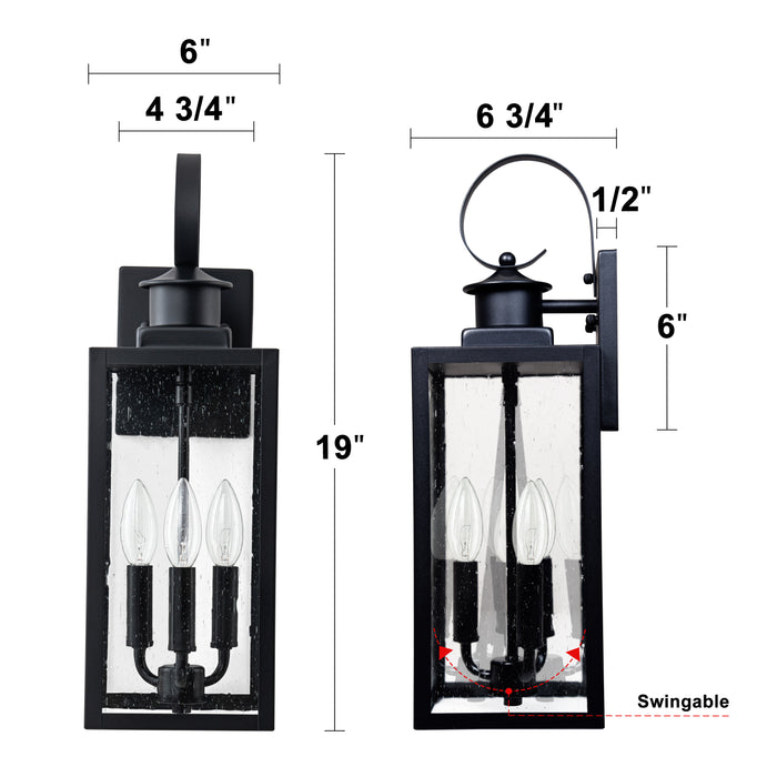 19in. 3-Light Matt Black Outdoor Wall Lantern with Seeded Glass and E12 Base Socket