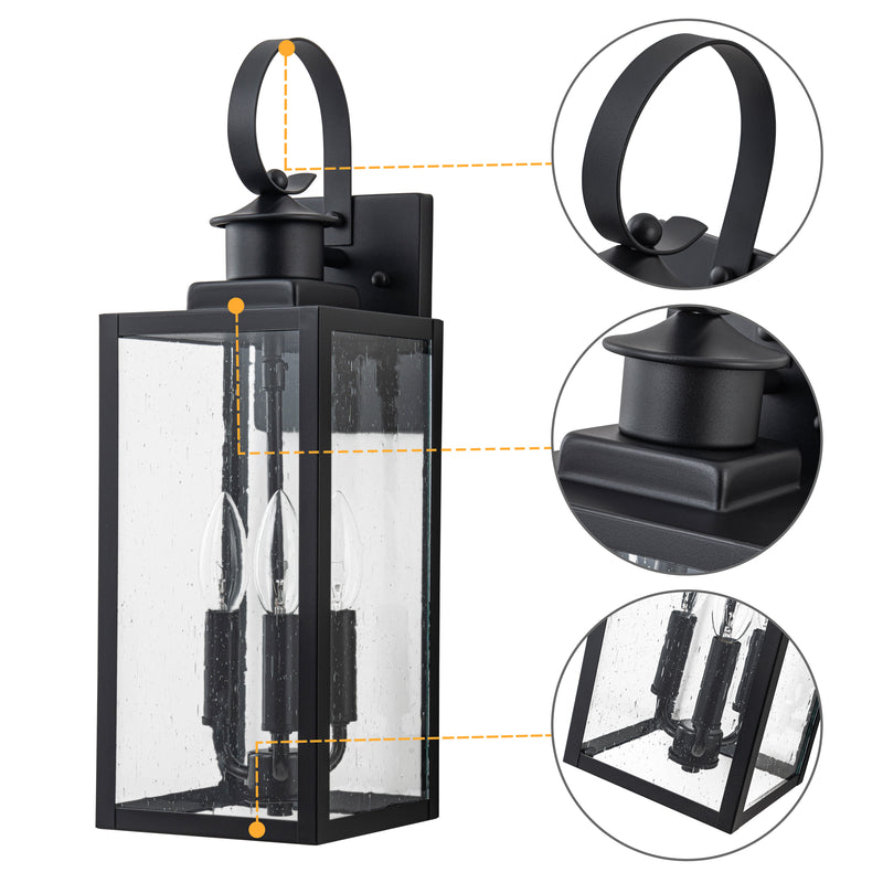 19in. 3-Light Matt Black Outdoor Wall Lantern with Seeded Glass and E12 Base Socket