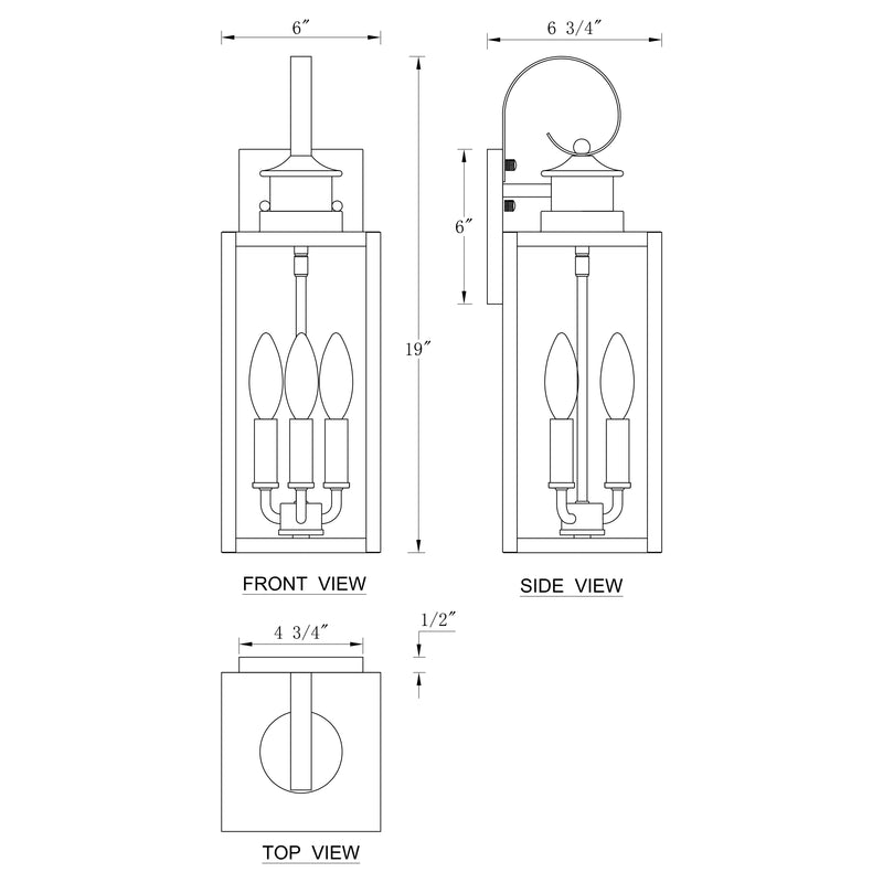 19in. 3-Light Matt Black Outdoor Wall Lantern with Seeded Glass and E12 Base Socket