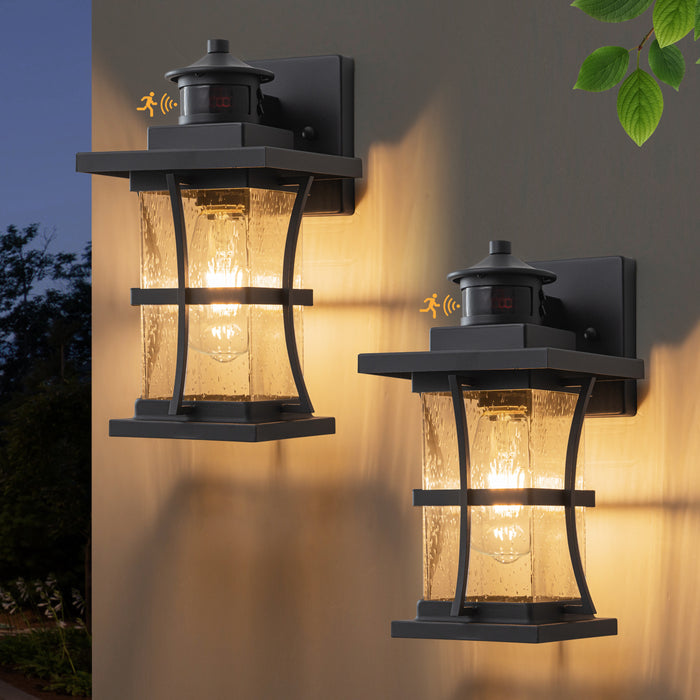 2-Pack 11.25in. Motion Sensor Outdoor Wall Sconce, Dusk to Dawn Exterior Light Fixtures with Seeded Glass