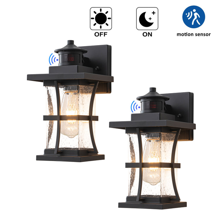 2-Pack 11.25in. Motion Sensor Outdoor Wall Sconce, Dusk to Dawn Exterior Light Fixtures with Seeded Glass