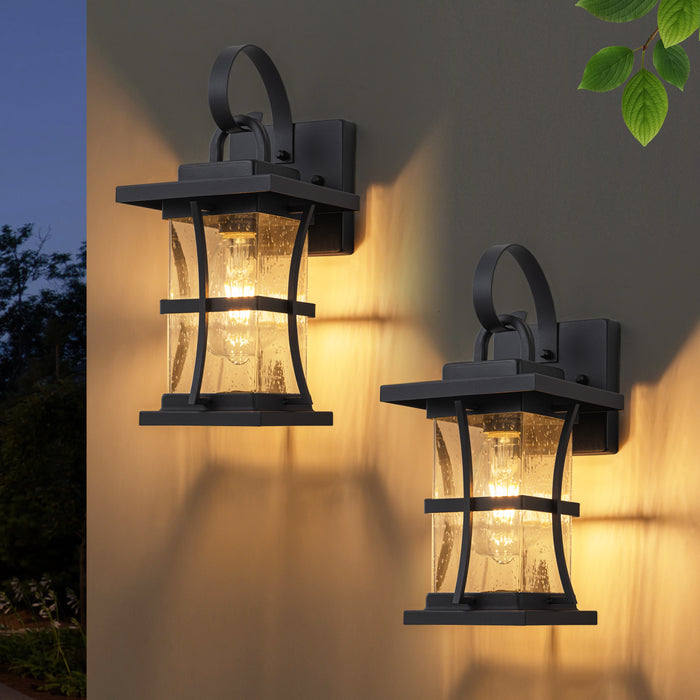 2-Pack 13.25in. Matte Black Outdoor Wall Light Fixtures with Seeded Glass Shade