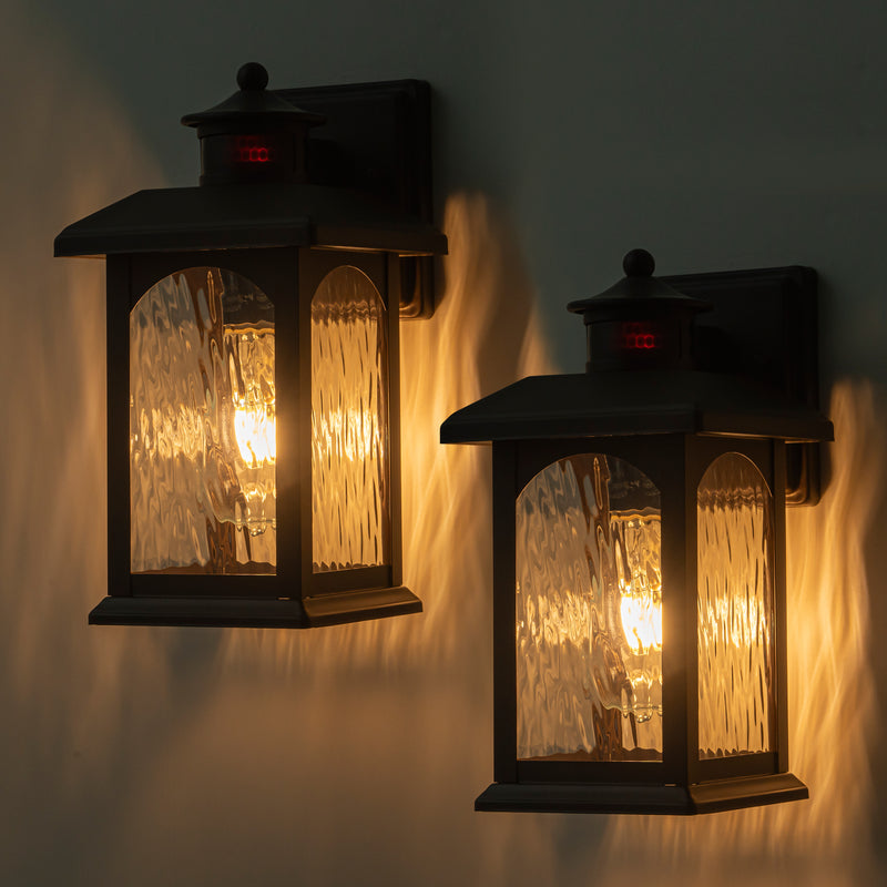 2-Pack 12in. Oil Rubbed Bronze Motion Sensor & Dusk to Dawn Outdoor Wall Lantern with Water Ripple Glass