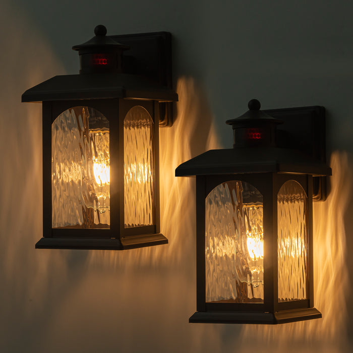 C Cattleya 2-Pack 12in. Oil Rubbed Bronze Motion Sensor & Dusk to Dawn Outdoor Wall Lantern with Water Ripple Glass
