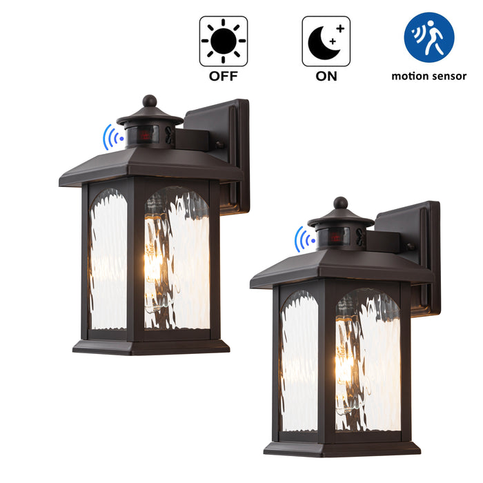 2-Pack 12in. Oil Rubbed Bronze Motion Sensor & Dusk to Dawn Outdoor Wall Lantern with Water Ripple Glass