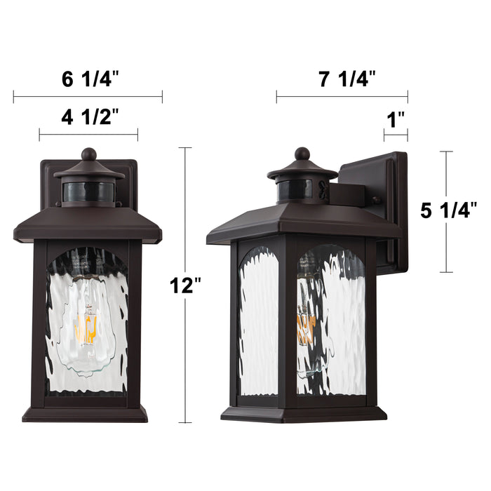 C Cattleya 2-Pack 12in. Oil Rubbed Bronze Motion Sensor & Dusk to Dawn Outdoor Wall Lantern with Water Ripple Glass