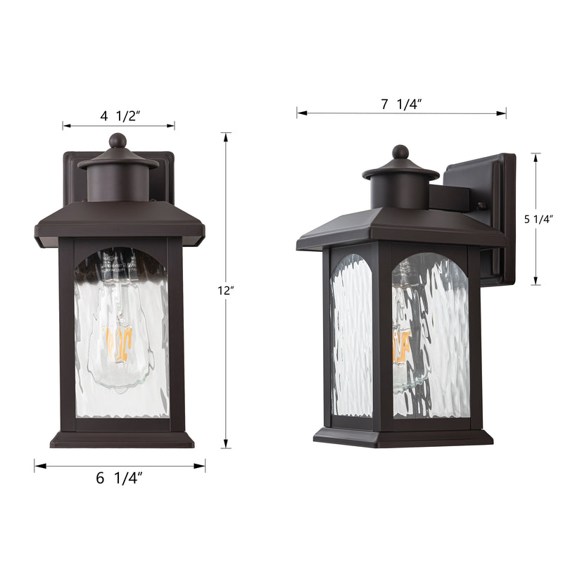 2-Pack 12in. Oil Rubbed Bronze Outdoor Wall Lantern with Water Ripple Glass