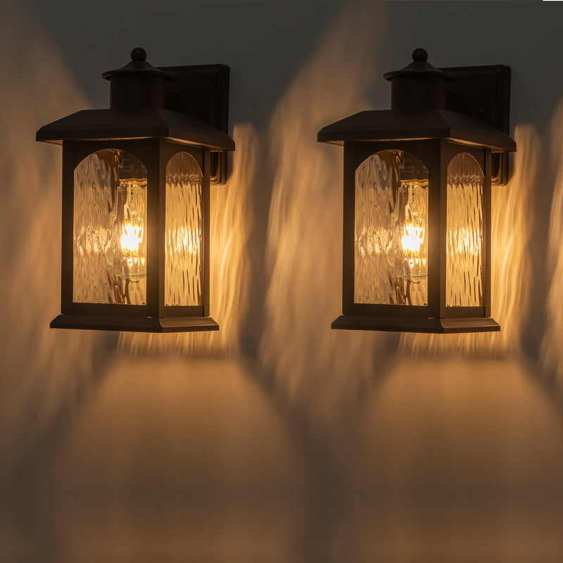2-Pack 12in. Oil Rubbed Bronze Outdoor Wall Lantern with Water Ripple Glass