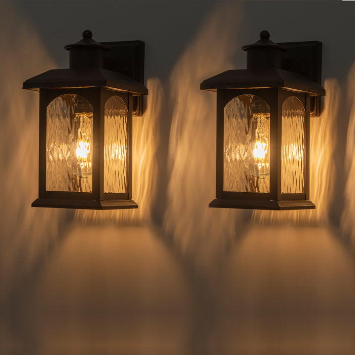 2-Pack 12in. Oil Rubbed Bronze Outdoor Wall Lantern with Water Ripple Glass