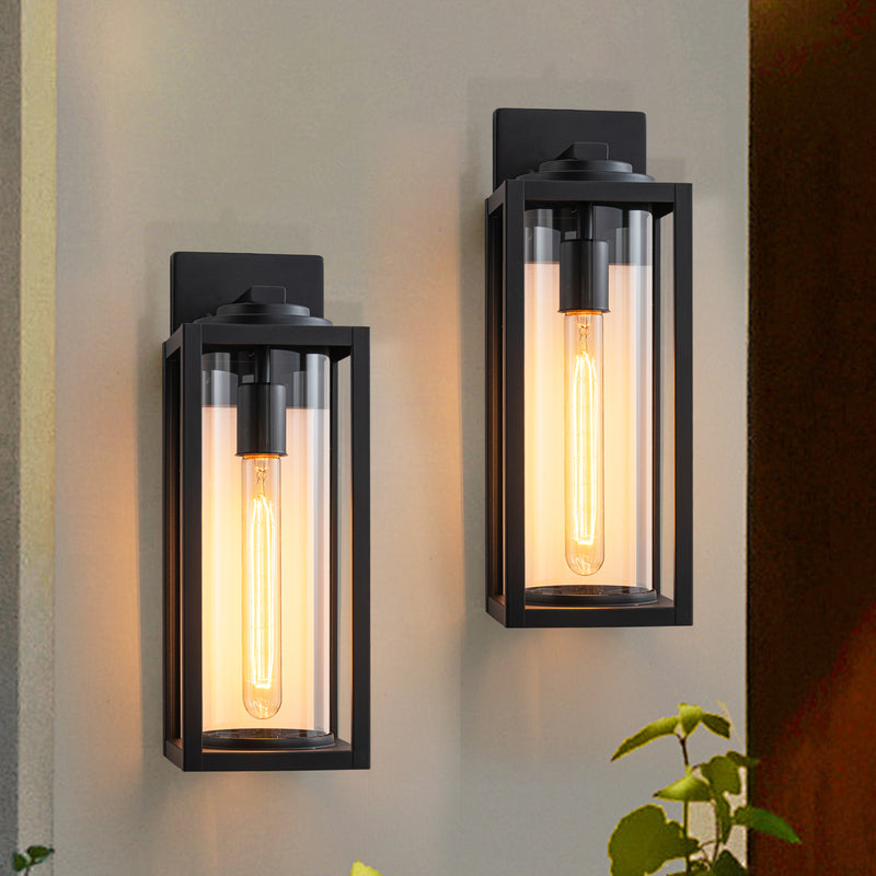 2 Pack Matte Black Outdoor Wall Light with Cylinder Clear Glass Shade
