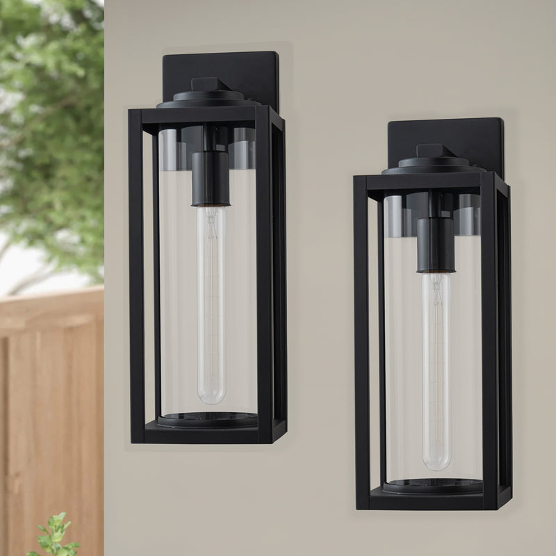 2 Pack Matte Black Outdoor Wall Light with Cylinder Clear Glass Shade