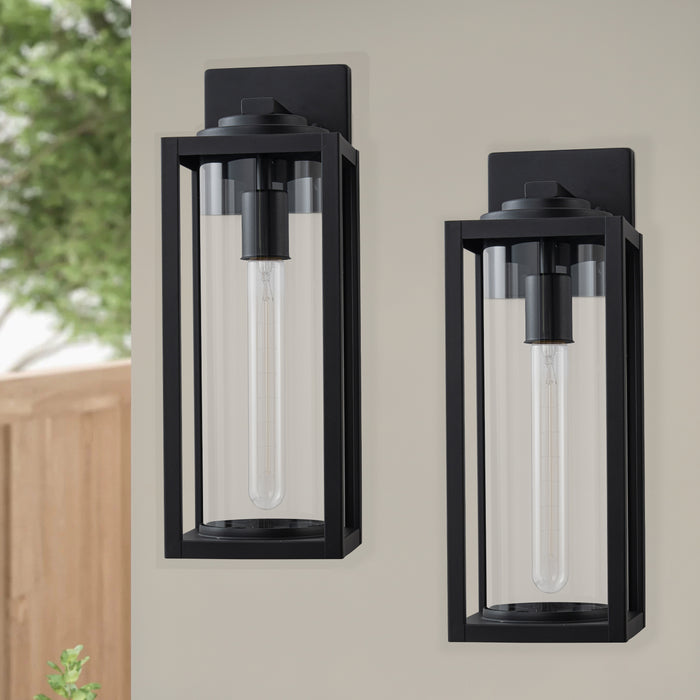 2 Pack Matte Black Outdoor Wall Light with Cylinder Clear Glass Shade