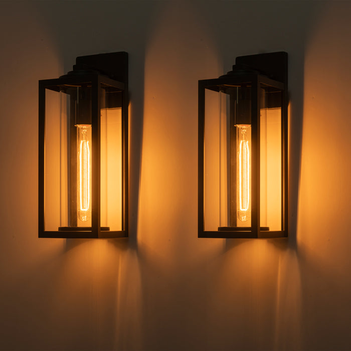 2 Pack Matte Black Outdoor Wall Light with Cylinder Clear Glass Shade