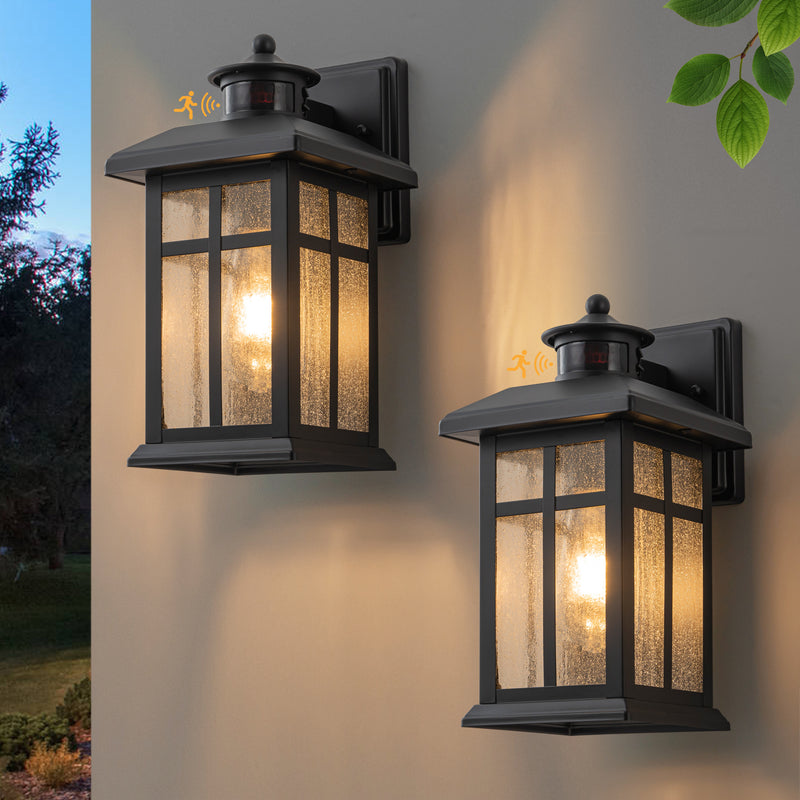 2 Pack Motion Sensor Dusk to Dawn Outdoor Wall Lantern Sconce with Clear Seeded Glass