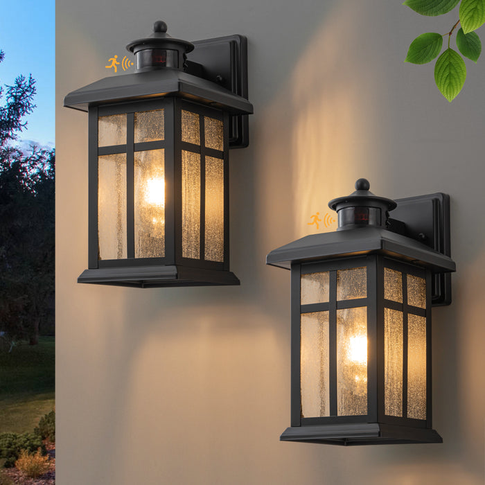 2 Pack Motion Sensor Dusk to Dawn Outdoor Wall Lantern Sconce with Clear Seeded Glass
