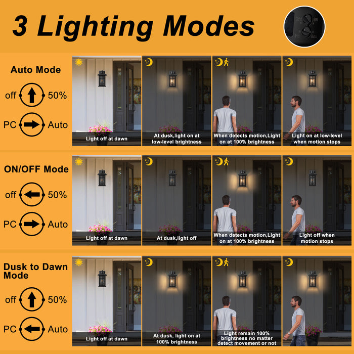 2 Pack Motion Sensor Dusk to Dawn Outdoor Wall Lantern Sconce with Clear Seeded Glass