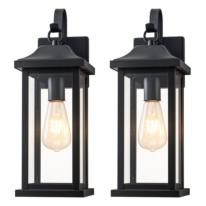 2 Pack Matte Black Outdoor Wall Lights With Clear Tempered Glass