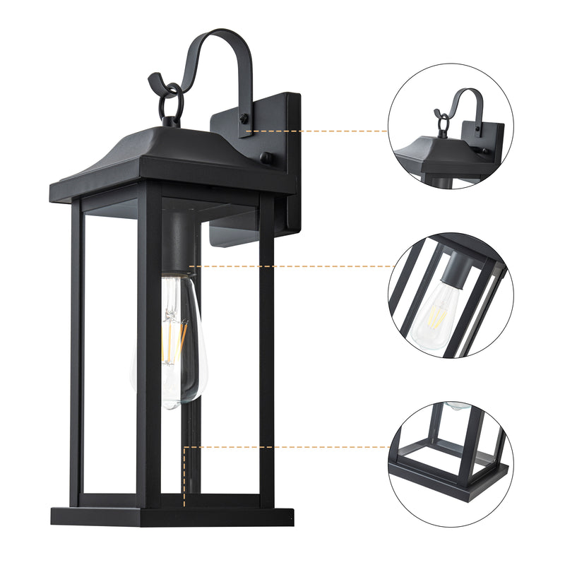 2 Pack Matte Black Outdoor Wall Lights With Clear Tempered Glass