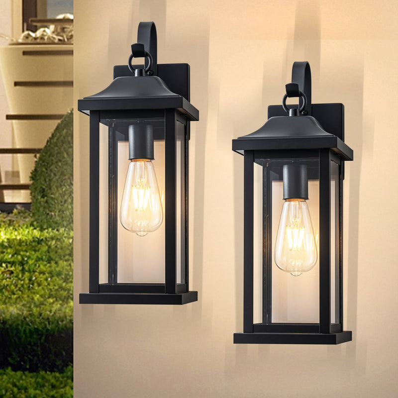 2 Pack Matte Black Outdoor Wall Lights With Clear Tempered Glass