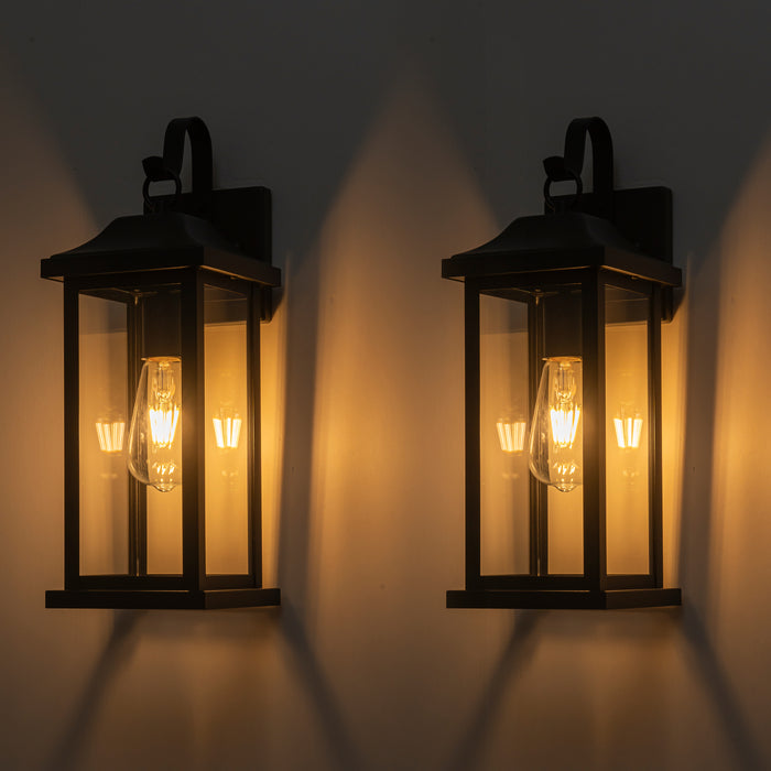 2 Pack Matte Black Outdoor Wall Lights With Clear Tempered Glass