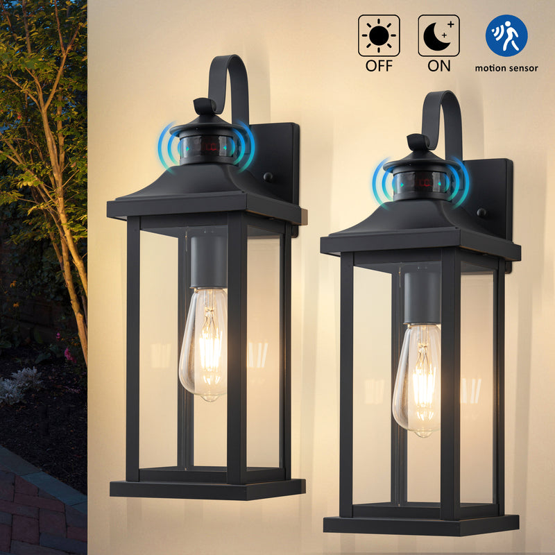 2 Pack Matte Black Motion Sensor Dusk to Dawn Outdoor Wall Lights With Clear Glass