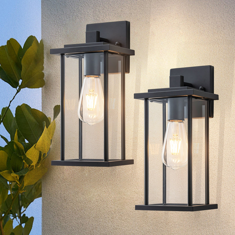 2 Pack Matte Black Outdoor Wall Lights with Clear Glass Shade