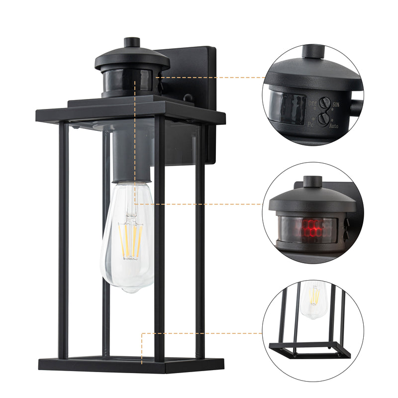 2 Pack Motion Sensor Dusk to Dawn Matte Black Outdoor Wall Lights with Clear Glass Shade