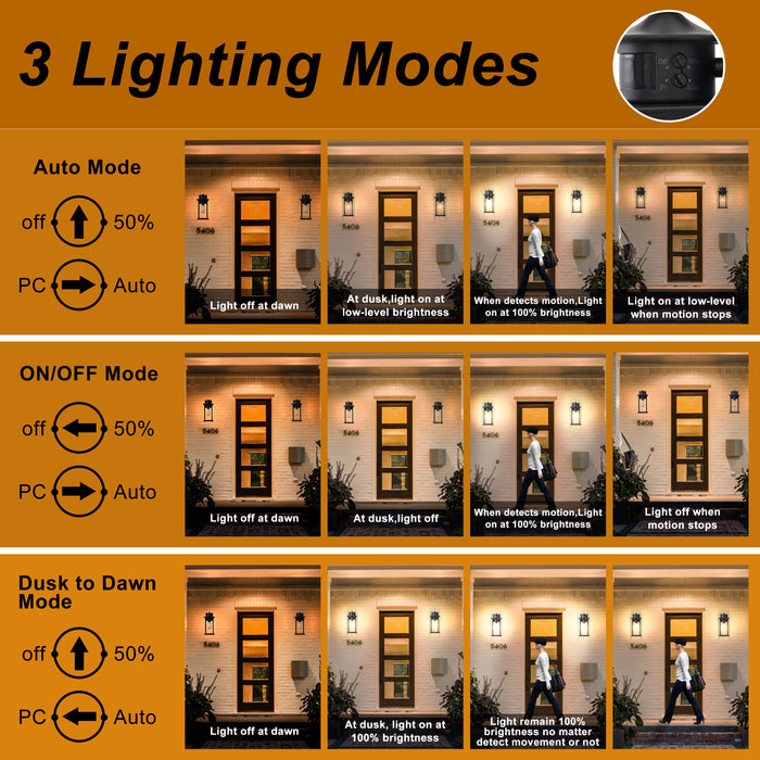 2 Pack Motion Sensor Dusk to Dawn Matte Black Outdoor Wall Lights with Clear Glass Shade