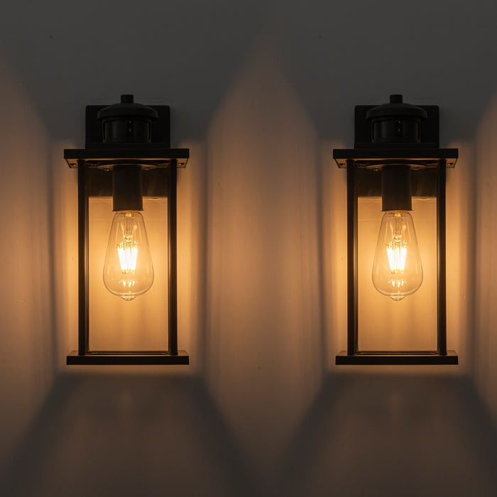 2 Pack Motion Sensor Dusk to Dawn Matte Black Outdoor Wall Lights with Clear Glass Shade