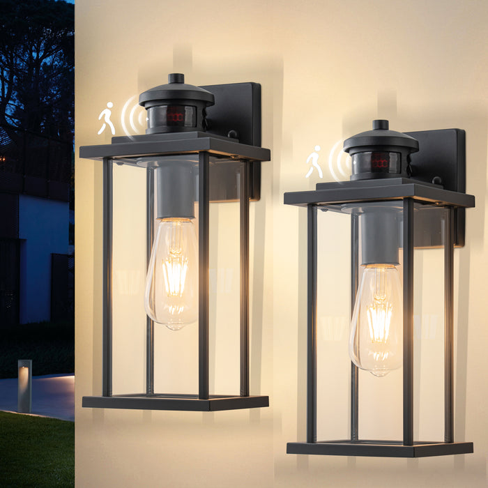 2 Pack Motion Sensor Dusk to Dawn Matte Black Outdoor Wall Lights with Clear Glass Shade