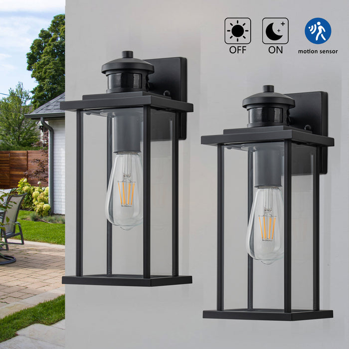 2 Pack Motion Sensor Dusk to Dawn Matte Black Outdoor Wall Lights with Clear Glass Shade