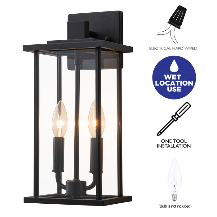 2 Pack Classic Matte Black Outdoor Wall Lantern with Clear Glass Shade