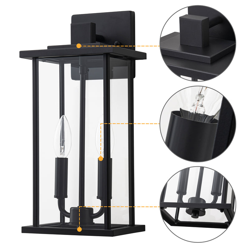 2 Pack Classic Matte Black Outdoor Wall Lantern with Clear Glass Shade