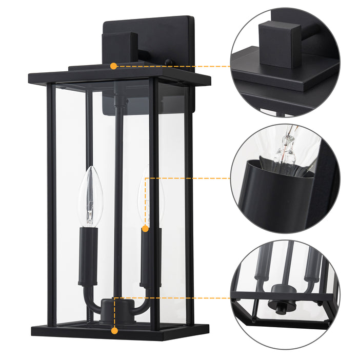 2 Pack Classic Matte Black Outdoor Wall Lantern with Clear Glass Shade