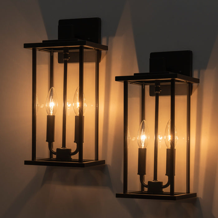 2 Pack Classic Matte Black Outdoor Wall Lantern with Clear Glass Shade