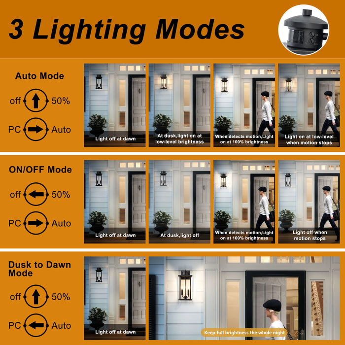 2 Pack Classic Matte Black Motion Sensor Dusk to Dawn Outdoor Wall Lantern