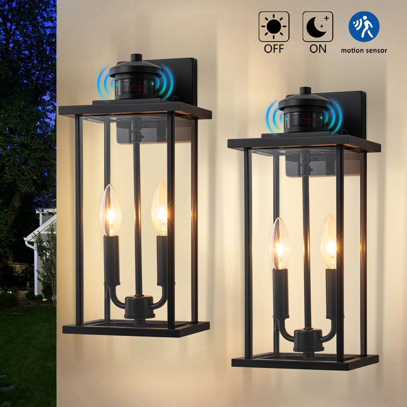 2 Pack Classic Matte Black Motion Sensor Dusk to Dawn Outdoor Wall Lantern