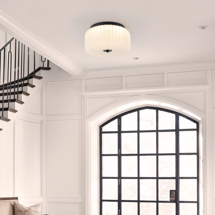 10.75 in. Black Aluminum Flush Mount Ceiling Light with White Ribbed Glass Shade