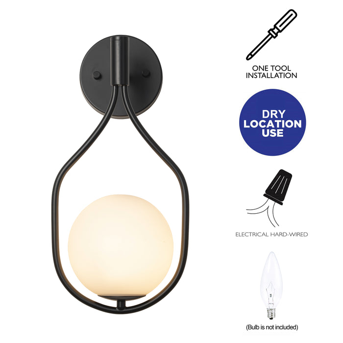 1-Light Black Wall Sconce with White Opal Glass