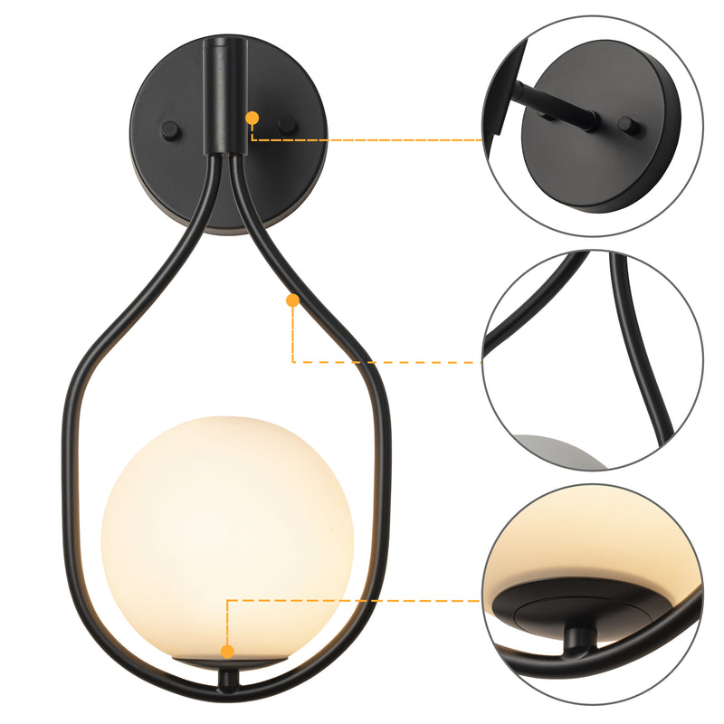 1-Light Black Wall Sconce with White Opal Glass