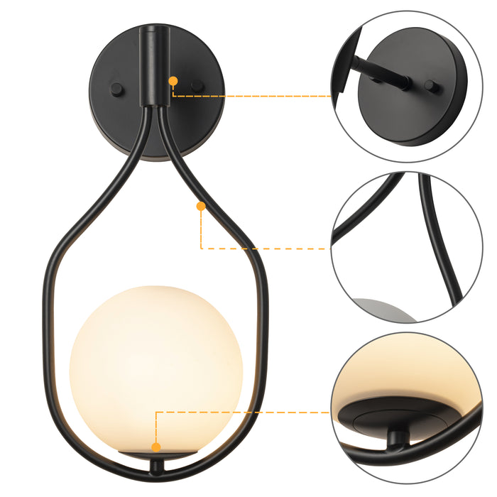 1-Light Black Wall Sconce with White Opal Glass