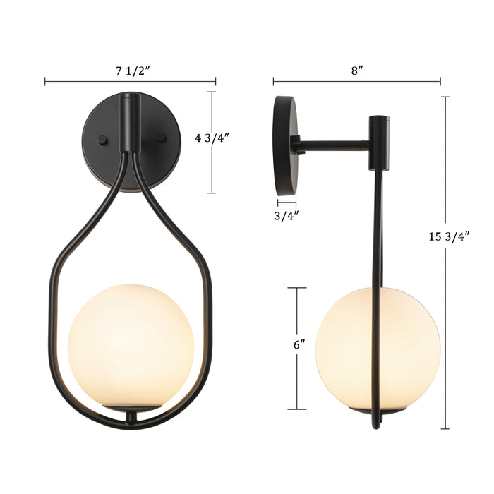 1-Light Black Wall Sconce with White Opal Glass