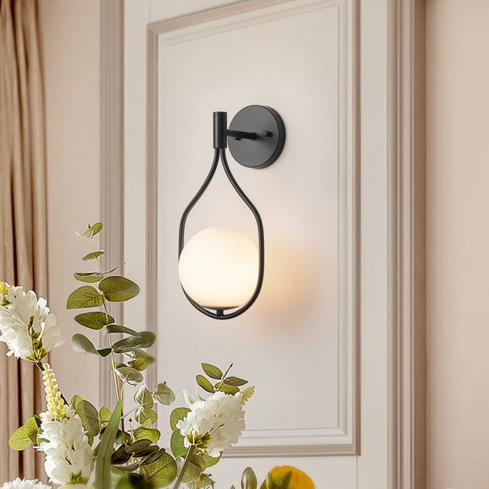1-Light Black Wall Sconce with White Opal Glass