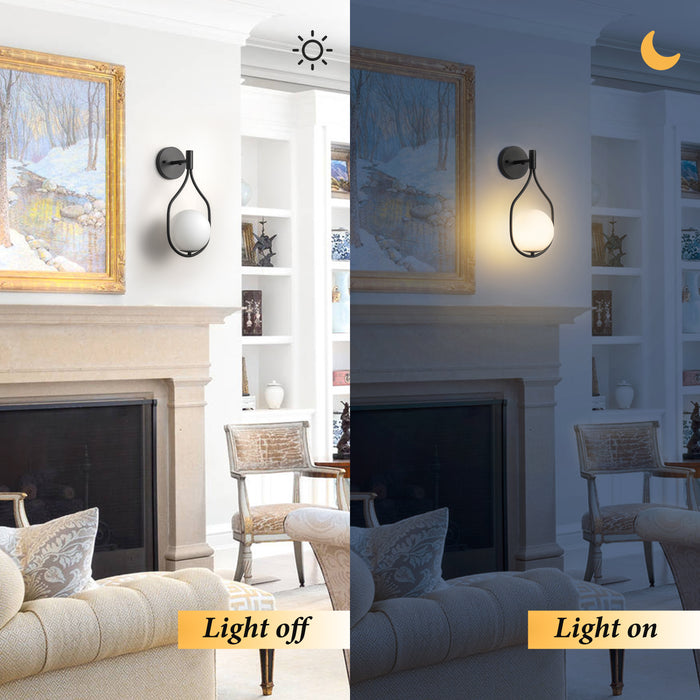 1-Light Black Wall Sconce with White Opal Glass